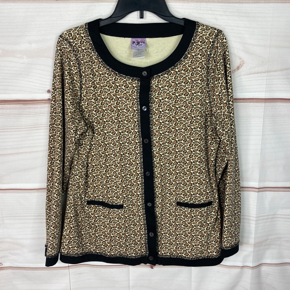 City Hearts Top Womens M Brown Black Leopard Button Up Long Sleeve Round Neck